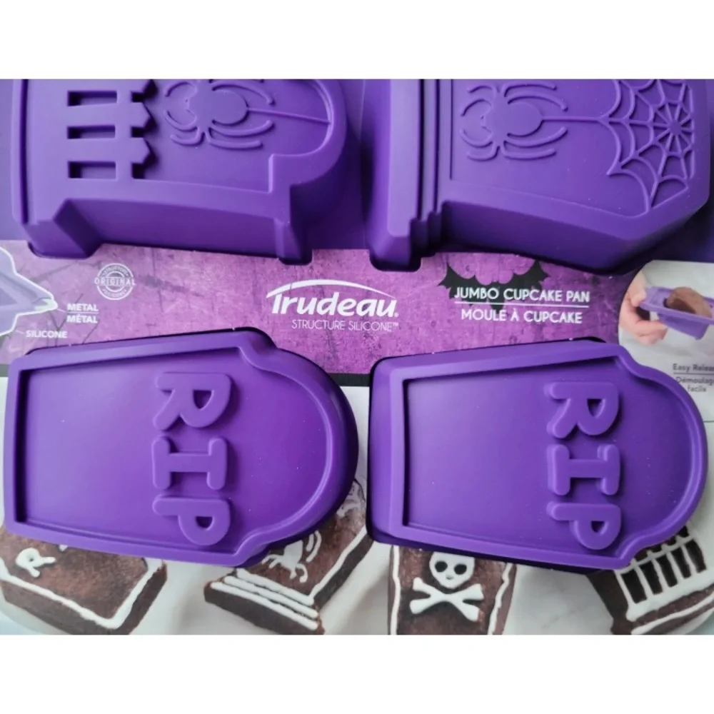 Trudeau Silicone 6ct Halloween Tombstone Jumbo CUPCAKE Baking Pan Mold Purple